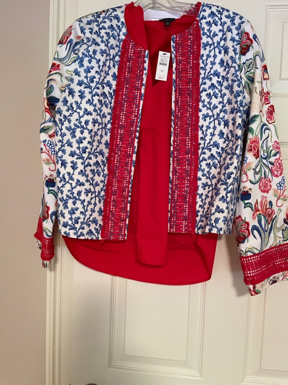 Red & Floral Embroidered Open Jacket - Women